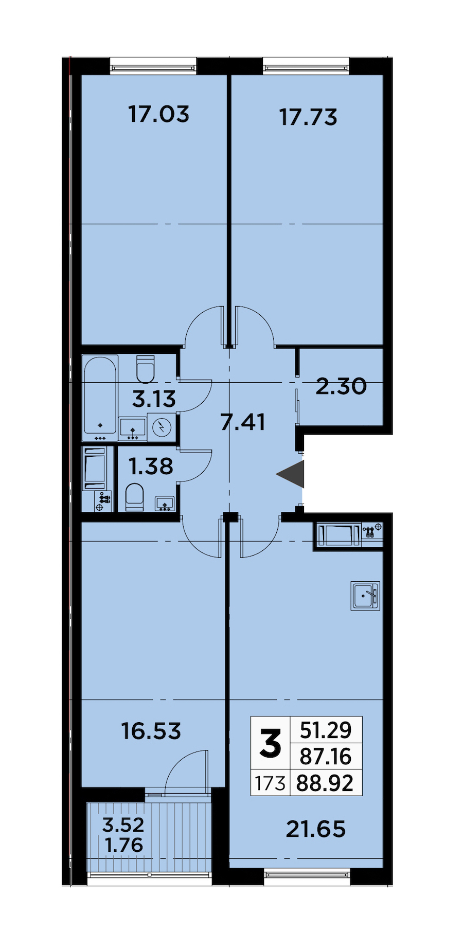 3-комнатная квартира 88.92 м², 3/14 эт., ЖК «GloraX City Zanevsky»